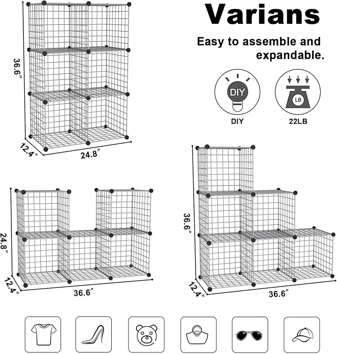 C&AHOME Wire Cube Storage, 6 - Cube Organizer Metal C Grids, Modular Shelves Units, Closet Organizer, Ideal for Home, Office, Living Room, 36.6”L x 12.4”W 36.6”H, Silver Gray UWCS3006G