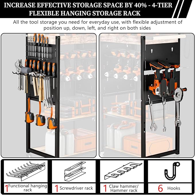 Heavy-Duty Power Tool Organizer with Charging Station,Premium Thickened Wood Panels,4 Layers + 4 Multi-Functional Side Hooks ，Integrated Design Power Tool Organizers and Storage