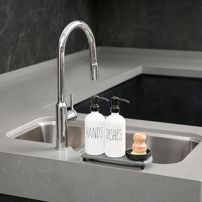 MOMEEMO White Soap Dispenser Set Comes with Stainless Pumps, Black Instant Dry Tray, and Dish Scrub Brush, Suitable for Kitchen Decor and Accessories. (White & Black)