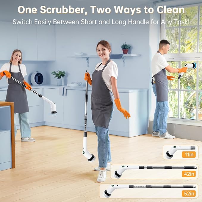Electric Spin Scrubber, Cordless Shower Scrubber with 8 Scrub Brush, 2 Speed with Adjustable Extension Handle, Battery Level Display, Power Scrubber for Bathroom Bathtub Tile Floor, Black