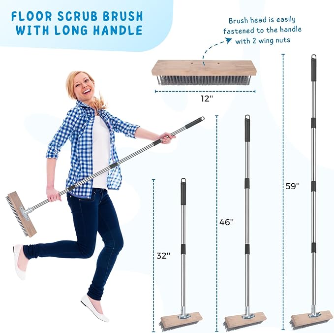 Stainless Steel Wire Scrub Brush with Long Handle for Deck, Concrete, Patio Floor Cleaning, 59'' Heavy Duty Stiff Metal Bristle Scrubber Broom for Outdoor Moss Removal