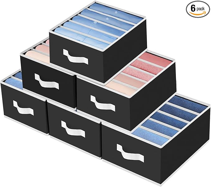 Homsorout Foldable Closet Organizer with Handles - 6 Pack Fabric Wardrobe Dividers for Clothes Storage Jeans, Pants, Sweaters, T-Shirts，Black