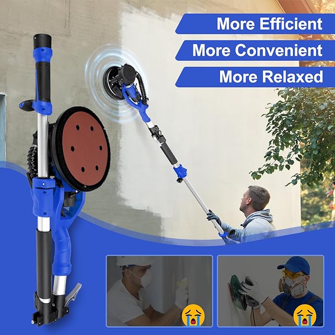 Drywall Sander, 1000W Popcorn Ceiling Removal Tool, Foldable Automatic Drywall Sander with Vacuum Dust Collection, LED Light, 6 Variable Speed 800-2200RPM,15Pcs Sanding Discs (Blue）