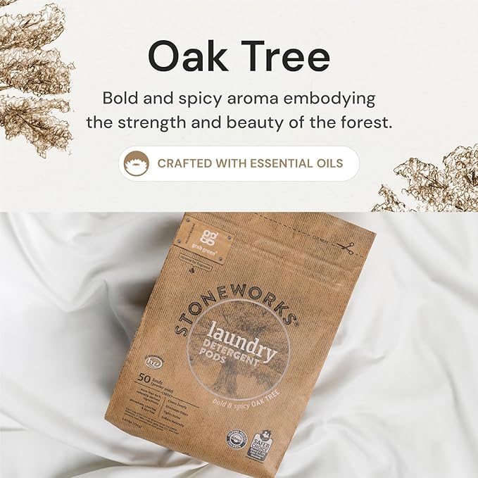 Grab Green Stoneworks Laundry Detergent Pods and Dryer Sheet Bundle, 50 Count Pods and 80 Dryer Sheets, Oak Tree Scent, Plant and Mineral Based Laundry Care Set