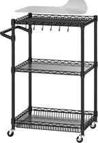 3 Tier Rolling Cart with Wheels, Metal Utility Cart for Storage Heavy Duty Wire Trolley for Kitchen Serving Grocery Food with 3 Shelf Liners 6 Hooks, 18 x 23.8 x 37 Inches, Black
