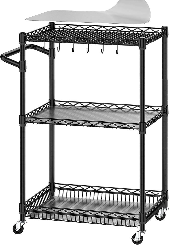 3 Tier Rolling Cart with Wheels, Metal Utility Cart for Storage Heavy Duty Wire Trolley for Kitchen Serving Grocery Food with 3 Shelf Liners 6 Hooks, 18 x 23.8 x 37 Inches, Black