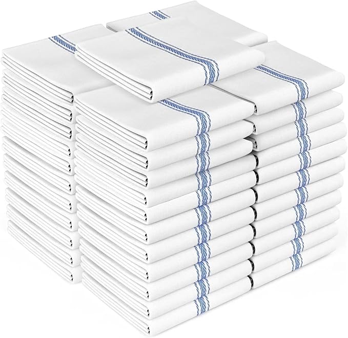 Zeppoli Classic Kitchen Towels - 45 Pack 100% Natural Cotton Towel Set, Reusable Wash Cloths, Absorbent Dish Towels, Machine Washable Hand Towels, Kitchen Essentials -14” by 25”, Blue Striped