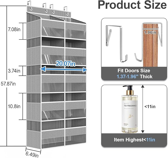 Over The Door Organizer Multi Pocket,5 Tier Large Hanging Shelf for Storage Kids Toys, Diapers, Clothes,Yarn,Heavy Duty Behind Door Storage for Bedroom Bathoom Nursery Closet Pantry,Gray