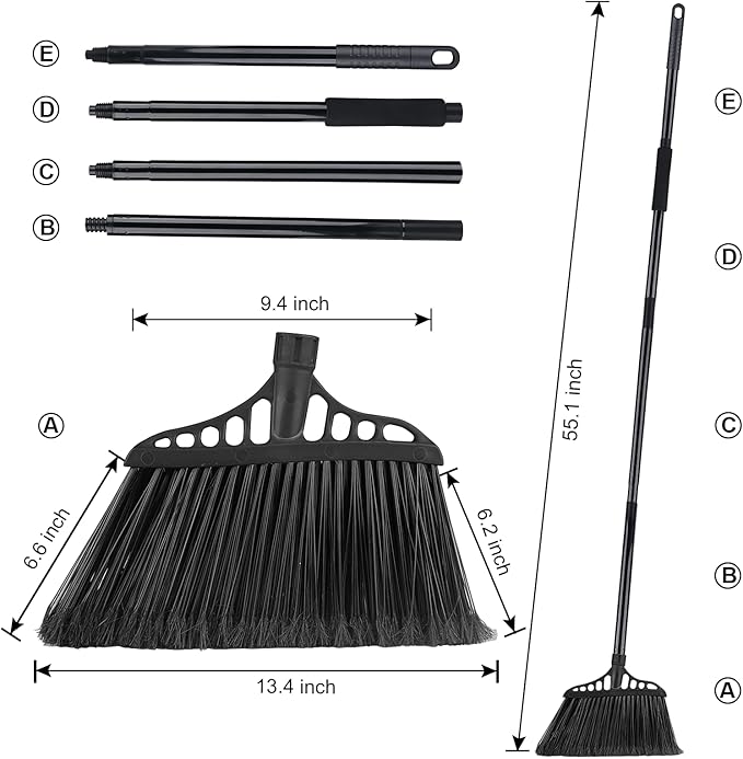 3-Pack Heavy Duty Broom, Commercial Broom with 55" Long Handle Outdoor Indoor, Industrial Brooms for Sweeping Garage Concrete Courtyard Patio Home Kitchen Office - All Black