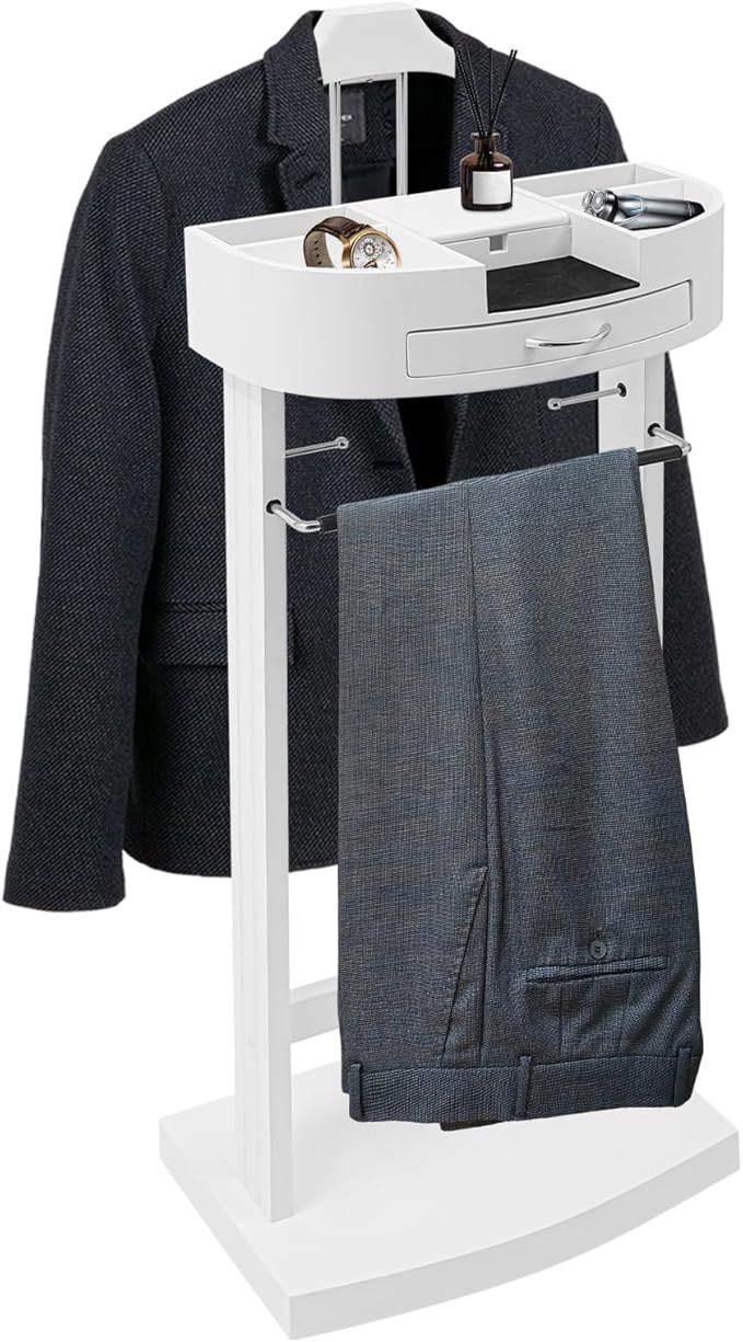 Valet Stand with Drawer and Top Tray, Wood Mens Suit Valet Stand with Wood Base, Freestanding Clothes Valet Stand with Hanger, Storage Organizer for Entryway Office Living Room (B, White)