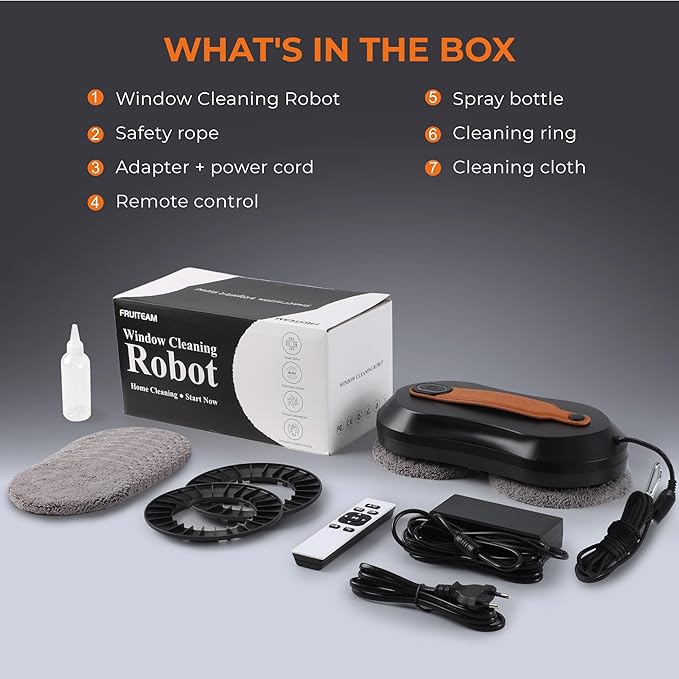 FRUITEAM Window Cleaning Robot with Dual Water Spray, APP and Remote Control, Automatic Window Cleaner with Leather Belt for Frame Glass, Triple Safety System, Smart Path Detection