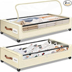 SpaceHacks Under Bed Storage with Wheels 2Pack Underbed Storage with Clear Window&Label Under Bed Drawers Large Capacity Rolling Under Bed Storage for Clothes,Shoes, Blankets (Beige)