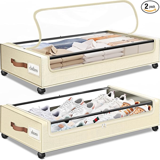 SpaceHacks Under Bed Storage with Wheels 2Pack Underbed Storage with Clear Window&Label Under Bed Drawers Large Capacity Rolling Under Bed Storage for Clothes,Shoes, Blankets (Beige)