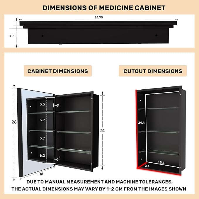 Bathroom Medicine Cabinet with Mirror, Recess or Surface Mount, Single Door Cabinet Famerhouse Bathroom Mirror with Storage Cabinet (Brush Black, 16"x26")