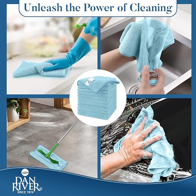 DAN RIVER 12-Pack Blue Microfiber Towels – Ultra Absorbent, Lint-Free & Streak-Free Cleaning Towels for Home, Car & Kitchen - Must-Have Cleaning Essentials - 12" x 12"