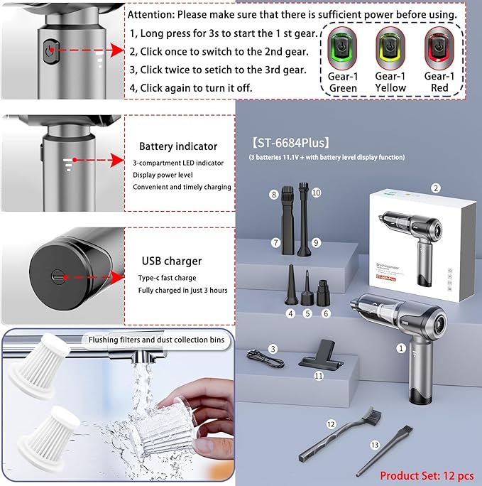 Car Vacuum Portable Cordless, 20000PA 120W 4 in 1 High Power Handheld Cordless Vacuum Cleaner & Air Duster,Air Blower,Multi-Nozzles,Brushless Motor 3-Speed Modes,for Car, Home, Pet,Office & Camping