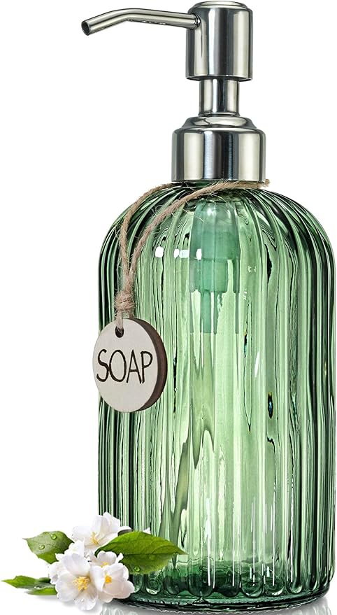 JASAI 18Oz Green Soap Dispenser with Rust Proof Pump, Refillable Bathroom Soap Dispenser with Thick Glass, Kitchen soap Dispenser for Dish soap, Hand Soap, Lotion, Body Wash.