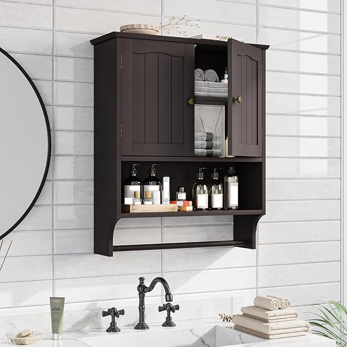 Bathroom Cabinet, Bathroom Wall Cabinet with 2 Doors and Adjustable Shelf, Wooden Medicine Cabinets Wall Mount, Over The Toilet Storage