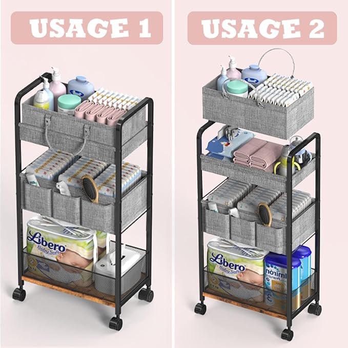 2In1 Baby Diaper Caddy & 3-Tier Rolling Diaper Cart, Diaper Caddy Organizer Cart with Dividers, Mobile Metal Utility Cart for Nursery Essentials, Detachable Bedside Cart, Large Capacity
