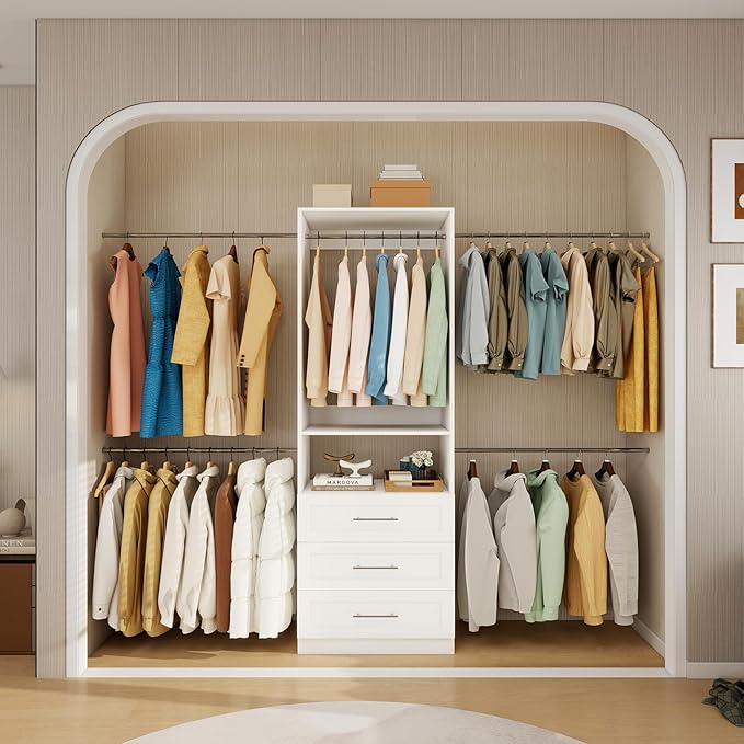 Closet System, 4FT-8FT-9FT Closet Organizer With Drawers Wooden, Walk in Closet System with 5pcs Hanging Rods and Shelves Storage, Closet Built in System Wardrobe Organizer, White