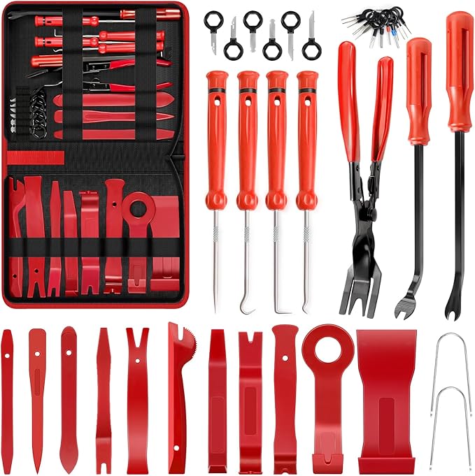 LadyRosian 37Pcs Trim Removal Tool Set, Car Upholstery Repair Kit, Auto Clip Pliers Fastener Remover Tool, Door Panel Tool, Car Panel Tool Radio Stereo Removal Tool Kit with Storage Bag (Red)