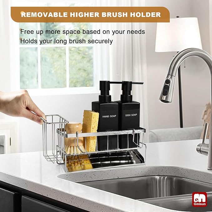 GMISUN Dish Soap Dispenser for Kitchen, 12 fl oz Matte Black Kitchen Soap Dispenser with Silver Sponge Holder, Customized Removable Soap Dispensers Set, Modern Hand and Dish Soap Dispensers Set