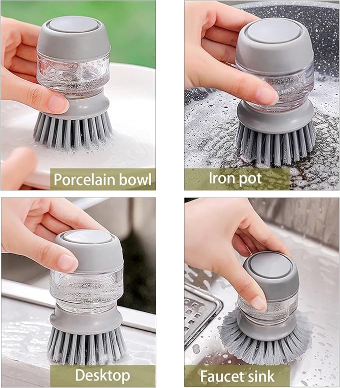 Soap Dispenser Dish Brush, Palm Brush Scrub Brush, with Storage Bracket and Drainage Base, Gray