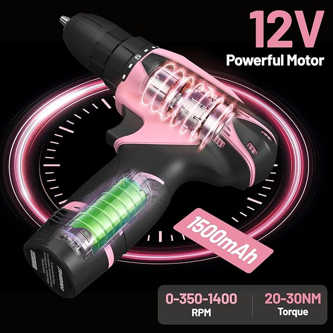 Cordless Drill Set, 12V Power Drill Kit with Battery and Charger, 3/8" Keyless Chuck, 25+1 Torque Setting, Built-in LED, Electric Driver Tool for Home DIY Projects (Pink)