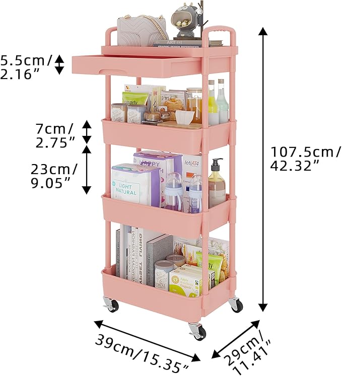 Calmootey 4-Tier Rolling Utility Cart with Drawer,Multifunctional Storage Organizer with Plastic Shelf & Metal Wheel,Storage Cart for Kitchen,Bathroom,Living Room,Office,Pink