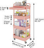 Calmootey 4-Tier Rolling Utility Cart with Drawer,Multifunctional Storage Organizer with Plastic Shelf & Metal Wheel,Storage Cart for Kitchen,Bathroom,Living Room,Office,Pink
