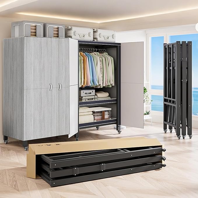Heavy Duty Covered Clothes Rack with Magnetic Door Foldable Portable Wardrobe Closet for Hanging Clothing Rolling Black Metal Garment Rack on Wheels Closet System (Gray, 74.7in)