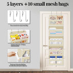 Over The Door Organizer, 5 Shelves Closet Door Hanging Organizer with 10 Mesh Pockets, Nursery Closet Organizer, Baby Essentials, Dorm Room Essentials for Girls