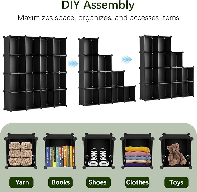 Whitmor 16 Cube Closet Organizers and Storage, Stackable Plastic Closet Shelves with Hooks & Mallet, DIY Clothes Organizer, Cube Bookshelf, Portable Storage Organizer for Bedroom, Home, Office, Black