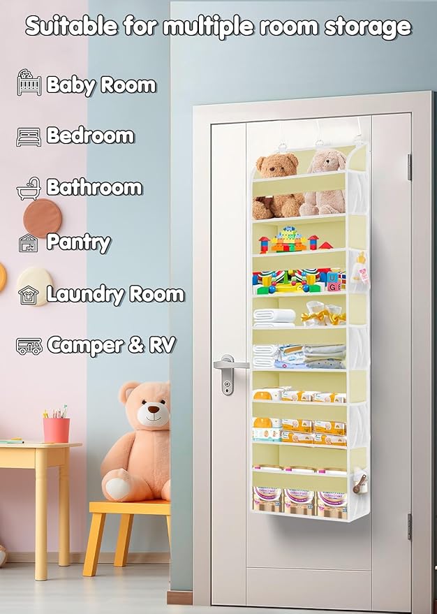 1 Pack Over The Door Storage Organizer with 5 Pockets 10 Mesh Pockets, 44 lbs Weight Capacity Door Hanging Organizers and Storage for Bedroom,Bathroom,Nursery,Kidroom,Babyroom