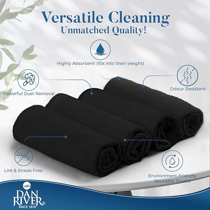 DAN RIVER 12-Pack Black Microfiber Towels – Ultra Absorbent, Lint-Free & Streak-Free Cleaning Rags for Home, Car & Kitchen - Must-Have Cleaning Essentials - 12" x 12"
