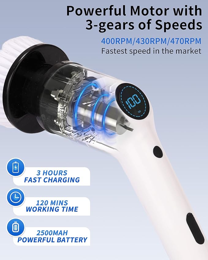 Electric Spin Scrubber, 9 in 1 Cordless Cleaning Brush with Type C USB Port, Charger, 3 Adjustable Speed, LED Display, Electric Scrubber for Cleaning Bathroom Tub Tile Floor (Fixed Head)