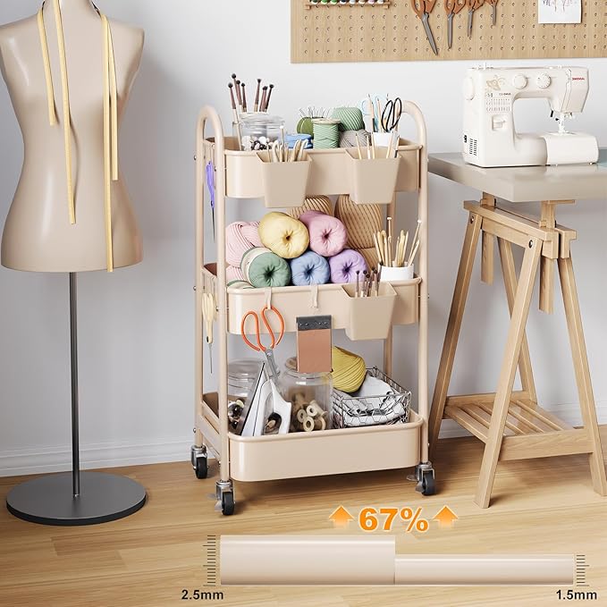Khaki 3 Tier Rolling Cart Metal on Wheels, Three Tiered Storage Organizer Utility Trolley with Wheels for Art, Craft, Baby Diaper Caddy, Snack, Book, Nail, Lash, Cleaning Supplies, Kitchen, Bathroom