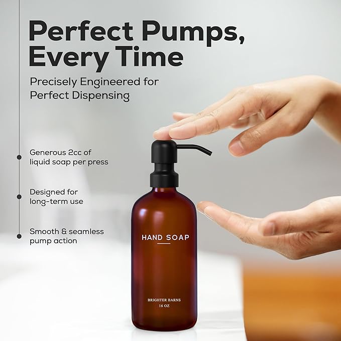 Amber Glass Hand and Dish Soap Dispenser Set by Brighter Barns - Modern Kitchen Decor & Accessories for Airbnb, RV, Office, Housewarming Gifts (Amber)