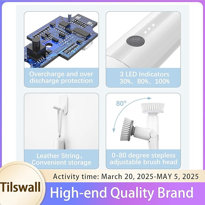 Tilswall Cordless Electric Spin Scrubber - IPX7 Waterproof Cleaning Brush with 180Min Runtime & 43" Extendable Handle, Ideal Gift for Home/Bathroom/Car (Includes 4 Brush Heads)