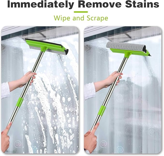 2-in-1 Window Squeegee with 30"-59" Stainless Steel Adjustable Handle - Glass Cleaner for Shower Doors, Car Windshield & High Outdoor Windows