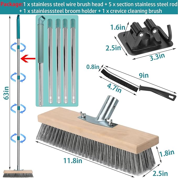 Stainless Steel Deck Scrub Brush with Long Handle, 62" Floor Scrubber Brush Heavy Duty Wire Brushes for Cleaning Pool Concrete Patio Garage Outdoor Moss Remover 11.8" Wide