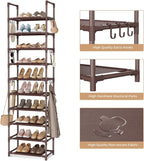 VTRIN 10 Tiers Tall Shoe Rack Holds 20-25 Pairs of Shoes Sturdy Vertical Shoe Organizer with 18pcs Hooks Stackable Narrow Shoe Rack for Closet, Entryway Brown