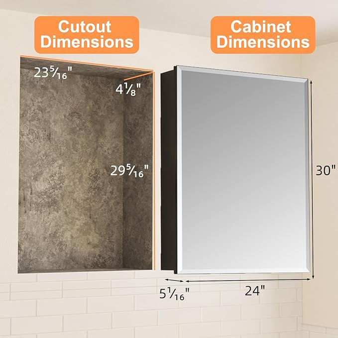 24x30 Inch Medicine Cabinet with Mirror, Aluminum Medicine Cabinet, Tempered Beveled Edge Mirror Single Door, Adjustable Shelves, Surface or Recessed Mount Bathroom Mirrors with Storage, Black