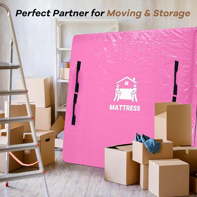 Mattress Bags for Moving, BETU Mattress Protector Waterproof Mattress Cover King Size Storage Bags with 8 Heavy-Duty Handles and Zipper for Bed Extra Thick Large Reusable (82"x79"x15" Pink)