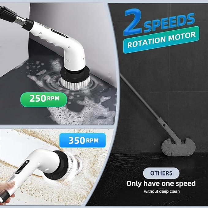 Electric Spin Scrubber Bathroom - Adjustable Handle Cordless Shower Scrubber, 2 Speeds, Bathroom Scrubber with 8 Replaceable Brush Heads, Power Scrubber for Bathtub Cleaning