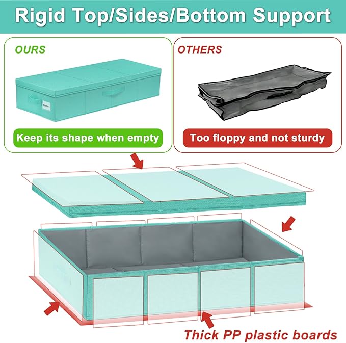 punemi Under Bed Storage With Lids, 2 Pack Large Underbed Storage Containers Clothes W/ 3 Handles, Foldable Low Profile Stackable Drawer Organizer Bins Box for Blanket Shoe,Tiffany Blue