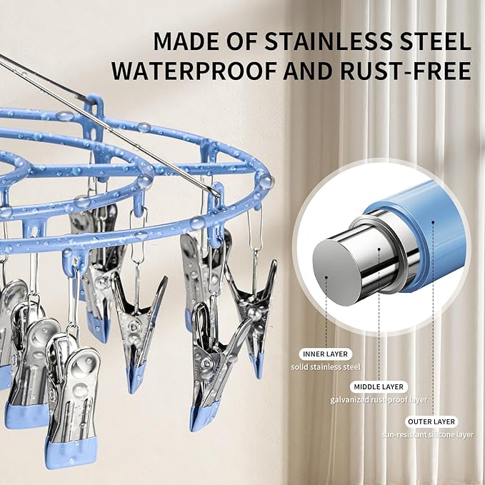 Drying Rack Clothing With 24 Clips， Clothes Hanger Sock Underwear Laundry Hangers Hanging Herb Dryer Ropa Socks Stainless Steel Bras Wet Racks Secar Flower Baby Lingerie Portatil Secador Colgar