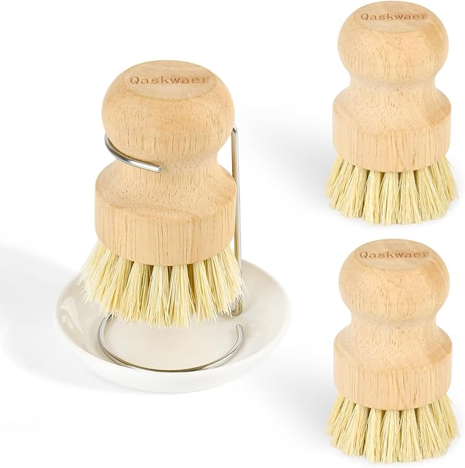 Wooden Dish Brushes, Dish Scrubber Brushs for Cleaning Dishes, Kitchen Wooden Cleaning Dsihes Set with Draining Rack, Natural Sisal Bristles, 3 Set
