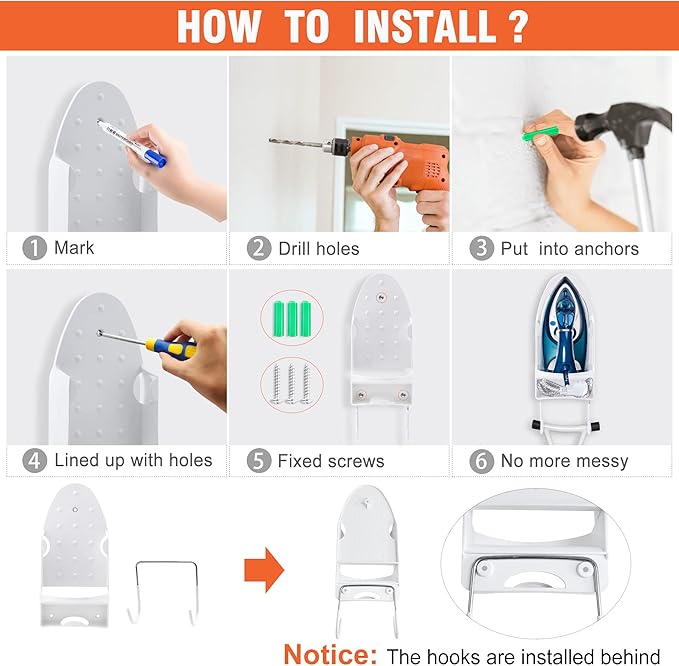 Ironing Board Hanger Wall Mount Ironing Holder Iron Hanger with Ironing Board Rack for Max 5 Inch Width Iron (White)