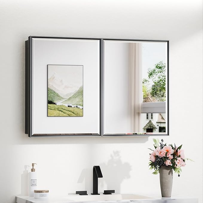 TokeShimi 36x24 Recessed Medicine Cabinet with Mirror Black, Beveled Bathroom Mirror with Storage Aluminum, Surface Mounted Metal Medicine Cabinets for Bathroom Vanity Wall